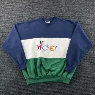 Vintage 80s 90s Crewneck Sweatshirt Adult Xl Mickey Mouse Embroidered Colorblock