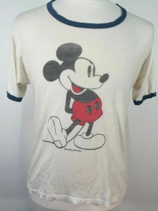 Vtg 70s 80s Mickey Mouse Disney Land World Ringer Distressed T Shirt M