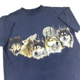 Vintage 90s Single Stitch T Shirt Men’s Xl Double Sided Navy Blue Wolves