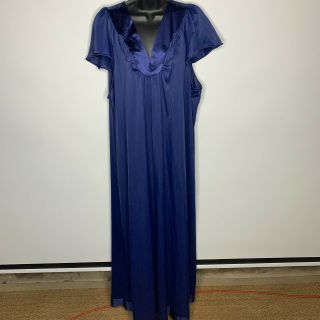 Vtg Vanity Fair Sz L Blue Satin Trim Tricot Long Nightgown Loungewear Usa