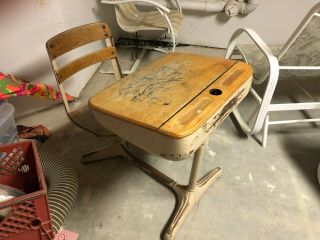 Vintage Wooden And Metal School Desk With Swivel Chair