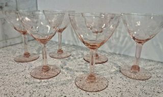 Vintage Etched Pink Depression Glass,  5 - 1/2 " Stemware,  Set Of 6