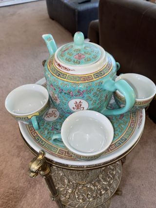 Vintage Chinese Mun Shou Famille Rose Longevity Porcelain Tea Set 2
