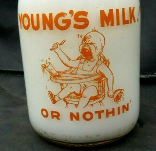 VTG Young ' s Milk Grove City PA Orange Pyro ACL 1 - Quart Dairy Bottle Crying Baby 2