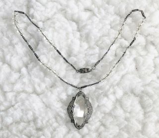 Vintage Art Deco Clear Glass Prism Pendant Silver Tone Filigree Necklace Bb16
