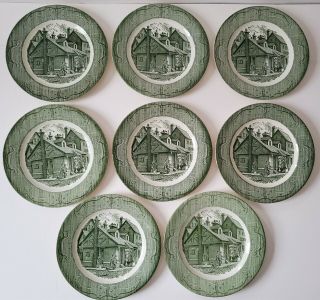 8 Vintage 10 " Dinner Plates " The Old Curiosity Shop " Green By Royal China Usa