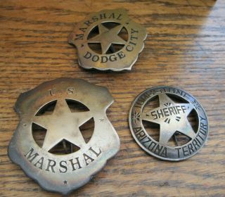3 Vintage Us Marshall Badges Wild West Dodge City Tombstone Silver Metal Sheriff