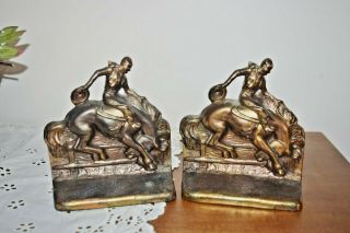 Vintage Bronze Bookends By Dodge Bucking Bronco Western Theme Horse & Rider