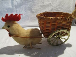 Vintage Easter Chicken/rooster Pulling Woven Basket Cart W/eggs Baby Chick Wow