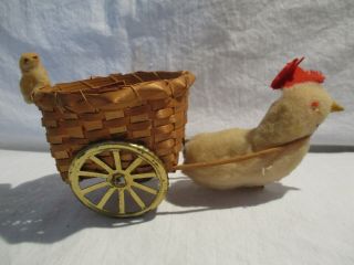 Vintage EASTER chicken/rooster pulling woven basket cart w/eggs baby chick WOW 2