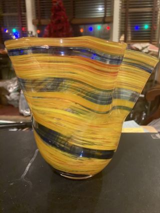 Vtg Murano Style Hand Blown Handkerchief Glass Vase Yellow / Blue Swirls