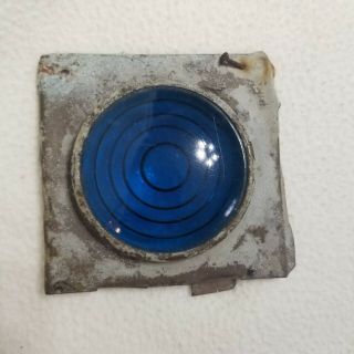 Vintage Blue Glass 3 " Lens Marked Jefferson 901 For Lantern Railroad? In Housing
