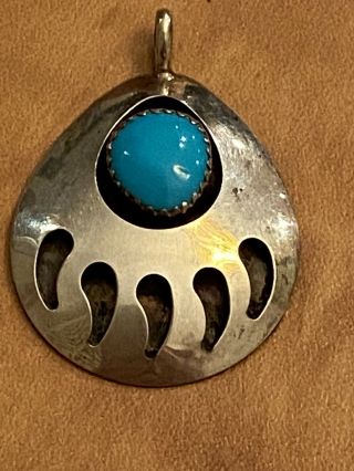 Vintage Navajo Turquoise Sterling Silver Bear Claw Pendant