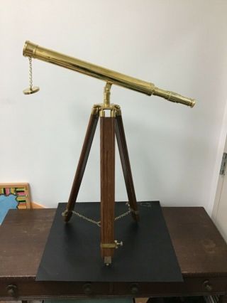 Collectible Nautical Vintage Brass Telescope With Brown Wooden Tripod