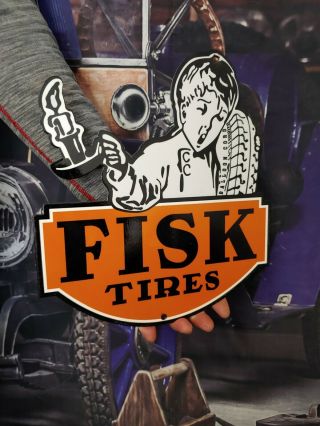 Heavy Old Vintage Fisk Tires Porcelain Gas Station Metal Gas & Oil Sign Tire