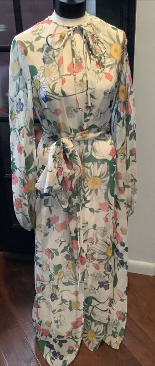 Vintage Rona Brand Maxi Dress Floral Chiffon,  Polyester W/ Tie Belt Great Flow