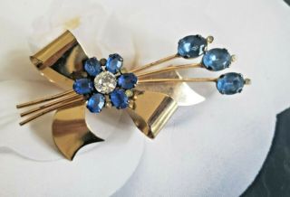 Vtg Coro Sterling Gold Vermeil Brooch Pin With Large Blue Sapphire Rhinestone