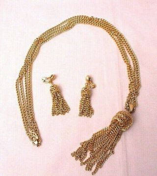 Vintage Signed Monet Gold Tone Metal Tassel 30” Necklace & Clip Earrings Set