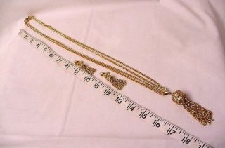 Vintage Signed MONET Gold Tone Metal Tassel 30” Necklace & Clip Earrings Set 2