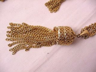 Vintage Signed MONET Gold Tone Metal Tassel 30” Necklace & Clip Earrings Set 3