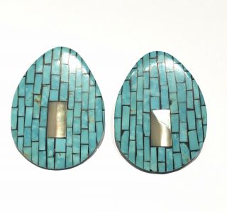 Vtg Santo Domingo Earrings Turquoise Inlaid Shell Pendant Sterling 1 1/2”