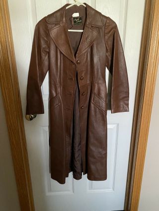 Vintage Rustic Brown Leather Trench Coat Ladies Xxs Made In Madrid