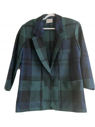 Vintage Pendleton Blazer Jacket Virgin Wool Green,  Blue And Black Plaid