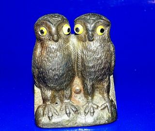Vintage Or Antique Glass Eyed Bronzed Cast Iron Owls Paperweight Or.