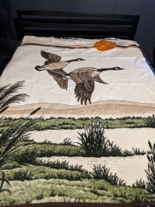 Vintage Biederlack Blanket Throw Canada Geese Sunset Sunrise Reversible 58x76