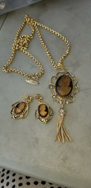 Vintage Whiting And Davis Cameo Necklace And Earrings Set 2
