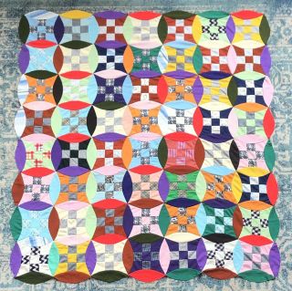 Vintage Nine Patch Quilt Top Handmade Polyester Colorful Retro Kitchy 75x82.  5”