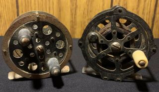 2 Vtg Antique Early Unmarked 4 Pillar Skeleton Fly Fishing Reels Made In Usa