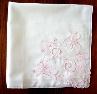 Vintage 1940s Linen Hanky Initial Monogram S Madeira Fancy Embroidery Hemstitch