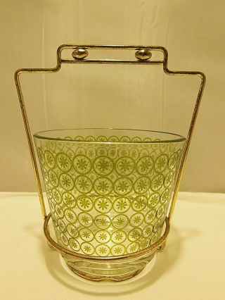 Vtg Mid Century Modern Glass Ice Bucket W/ Caddy Green Circle Snowflake Pattern