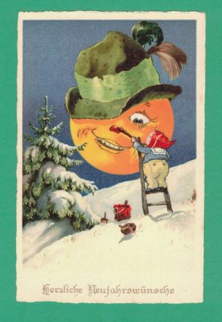 Vintage Year Postcard Boy Ladder Paints Nose On Moon - Face Hat Snow