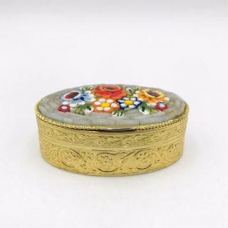 Vintage Made In Italy Micro Mosaic Pill Trinket Box 2 " Gold Tone