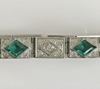 Vintage Art Deco Panel Bracelet With Green & Clear Rhinestones