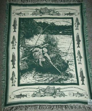 Vintage Crown Crafts Throw Blanket Woven Tapestry Fly Fishing 50 " W X 62 " L