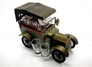 Vintage Laurel 1918 Model A Tin Car Whiskey Music Box Decanter With Shot Glasses
