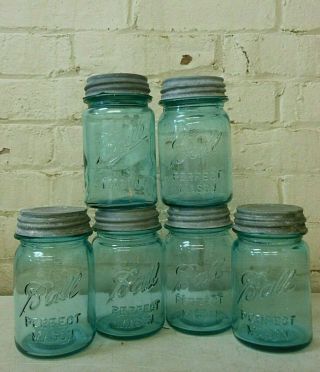 Set Of 6 Vintage Blue Ball Mason Pint Canning/ Fruit Jars W/ Zinc Lids