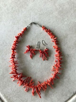 Vintage Natural Red Coral Branch Graduated Necklace 20 " Wire Strung W/ Earrings