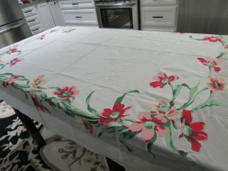 Vintage Tablecloth Wilendur Red Pink Yellow Poppies 64 X 72 Grey Border