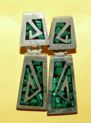 Vintage " Taxco " Mexico " 925 " Sterling Silver & Malachite Inlay Dangle Earrings