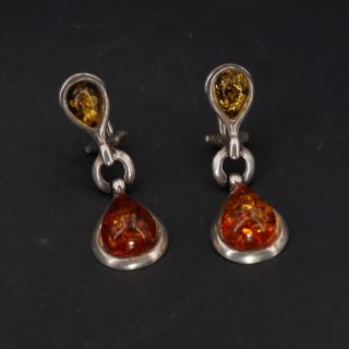 Vtg Sterling Silver - Baltic Amber Cluster Teardrop Dangle Earrings - 4g