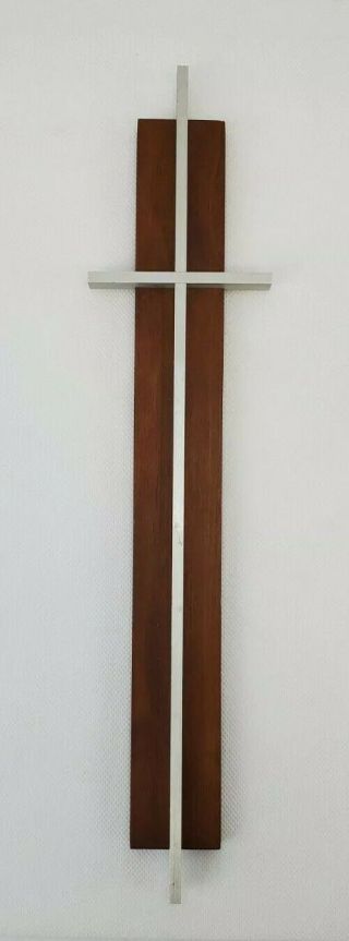 Vintage Danish Modern Cross—teak Wood Silver Metal—mid Century Crucifix— 14 Inch