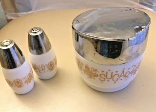 Vintage Gemco Butterfly Gold Salt & Pepper Shakers & Sugar Bowl Set Pyrex
