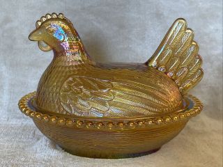 Vintage Indiana Iridescent Gold Amber Carnival Glass Chicken Candy Dish