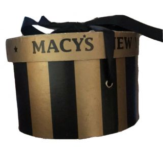 Rare Vintage Macy’s York Collectible 8” Gold Mock Hat Box With Black Ribbon