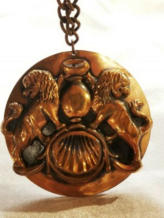 Vintage Copper Chinese Foo Fu Dog Guardian Lion Medallion Pendant Necklace 53 G