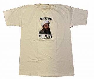 Vintage Osama Bin Laden Wanted Dead Not Alive Beige Short Sleeve Graphic Shirt